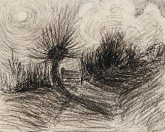 2071
Robert Polhill Bevan
(1865-1925)
"Landscape with Swirling Sky, Brittany," 1894
Charcoal on paper
Studio stamped, verso, according to the gallery label affixed to the frame's backing board; titled and dated on the same label
Sight: 9.5" H x 12" W
Estimate: $700 - $900
