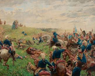 2114
Ferdinand Joseph Gueldry
(1858-1945)
La Guerre en Dentelles (War in Lace)
Oil on canvas laid to canvas
Signed lower left: J.F. Gueldry.
59" H x 88.5" W
Estimate: $10,000 - $15,000