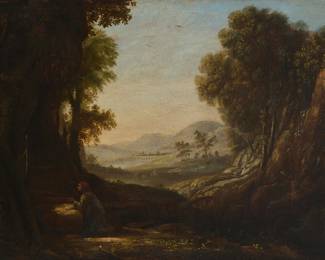 2184
Attributed to Claude Lorraine
(1600-1682)
Jesus praying in the Garden of Gethsemane
Oil on canvas laid to canvas
Unsigned
19.75" H x 26.25" W
Estimate: $1,500 - $2,500