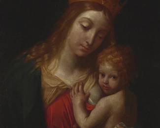 2175
19th Century Continental School
Portrait of the Virgin Mary with the Infant Jesus
Oil on canvas laid to canvas
Unsigned
25.5" H x 21" W
Estimate: $800 - $1,200