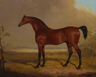 2158
David Dalby
(1794-1836)
"Young Turk," 1826
Oil on canvas laid to canvas
Signed, titled, dated, and inscribed lower center: David Dalby 1826 / "Property of Wm. Good[***] foaled in 1806 / painted by David Dalby in 1826"
22.75" H x 30" W
Estimate: $1,000 - $1,500