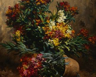 2033
Georges Jeannin
(1841-1925)
"Upset Flower Pail"
Oil on canvas
Signed upper right: G. Jeannin; titled from a label affixed to the frame's verso
25.5" H x 21.5" W
Estimate: $800 - $1,200