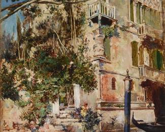 2134
Rafael Contell
(1850-n.d.)
Venice scene, 1883
Oil on canvas laid to waxed canvas
Signed, dated, and inscribed lower right: Raf. Contell / Venezia 83
25" H x 15.5" W
Estimate: $800 - $1,200