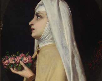 2189
Gabriele Castagnola
(1828-1883)
Praying nun, 1870
Oil on panel
Signed and dated along the center of the right edge: G. Castagnola
14" H x 10.5" W
Estimate: $800 - $1,200