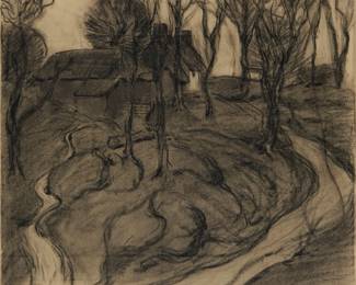2044
Robert Polhill Bevan
(1865-1925)
"Hawkridge," circa 1895-97
Charcoal and pencil on a repurposed sheet of wove paper
Unsigned; titled and dated from a label affixed to the verso of the mat as well as a sales invoice that accompanies the work
Image/Sheet: 13.75" H x 16.125" W
Estimate: $1,500 - $2,500
