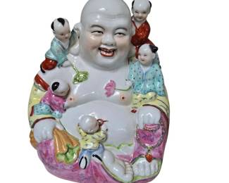 Famille Rose Porcelain Sculpture of Laughing Buddha with Children