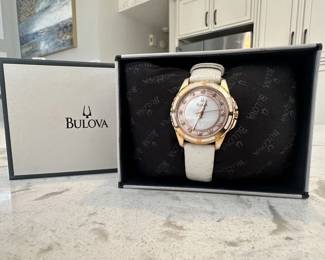 Bulove Stainless Steel Rose Gold Diamond and Mother of Pearl Leather