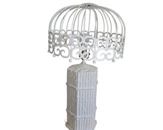 White Faux Bamboo Ceramic Table Lamp with a Decorative Metal Shade