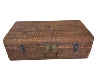 Antique Wooden Travel Trunk with Rattan Exterior and Metal Fittings