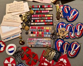 WWII collection of patches and ribbons, Japanese business cards, German currency.