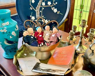vintage Japanese dolls, laquer tray, brass, Pearl farm postcards, WWII Japanese books for US GIs.