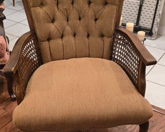 Mid-century tufted cane barrel-back chair 