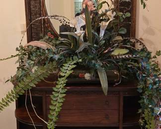 Antique Display Cabinet with Mirror and Artificial Plant