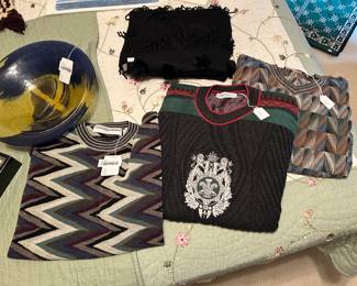 Greek Blue Art Glass Bowl, Jhane Barnes Wool Sweater