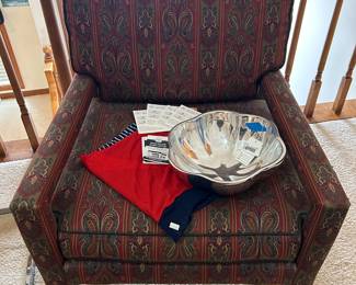 (A) Upholstered Paisley Club Chair, Nambe 606 Scalloped Bowl 