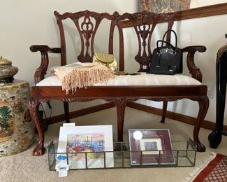 Chippendale Style Settee, Vintage Brass and Glass Fixture