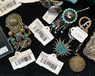 Zuni Sun Brooch Pendant, Sterling Mexican Sun Brooch