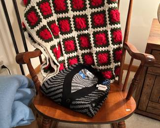 Vtg Crocheted Rosette Blanket, Vtg Zigzag Merino Grandpa Cardigan