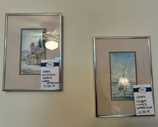 Greek Orthodox Church Signed Watercolor, Greek Sailboat Signed Watercolor