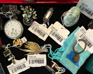 Zuni Sun Brooch Pendant, Sterling Mexican Sun Brooch, Tiffany and Co. Frog Trinket Box, Tiffany and Co. Sterling Key Ring, Givenchy Bird Brooch