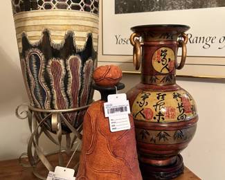 African Style Carved Stone Vase, Mexican Leather Wrapped Jug