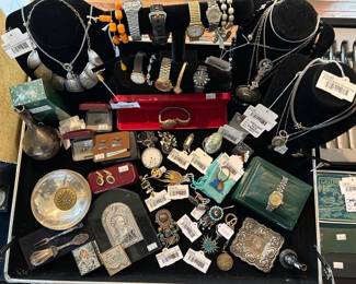 (BL) Egyptian Hieroglyphics Necklace, Gucci Memoire D'une Odeur, Butterscotch Baltic Amber Earrings, Sterling Necklace and Earrings Set, Brighton Beverly Glam Necklace, Sterling Chain with Pendant, Zuni Sun Brooch Pendant, Sterling Mexican Sun Brooch, Watches  