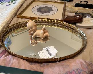 Vtg Gold Plated Vanity Mirror Tray