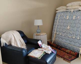 Whittmore-Sherrill Navy Leather Chair and Ottoman. Quen size Mattress and a full size 1920' s Wrought Iron Headboard.