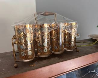 Vintage Gold Highball glasses with caddy. Set of 8