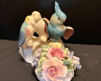 STAFFORDSHIRE FLORAL BOUQUET AND PORCELAIN BIRDS