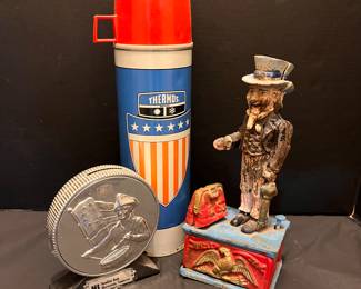 MORRISTOWN, TN HAMILTON BANK COLLECTORS BANK, 1975 KING-SEELEY THERMOS WITH PATRIOTIC SHIELD, UNCLE SAM CAST IRON MECHANICAL BANK