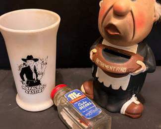 HOPALONG CASSIDY GLASS, CERAMIC BANK AND MCCORMICK SPICE BOTTLE