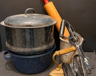 ENAMELWARE, CAST IRON IRONS, CROCK, ROLLING PIN, VINTAGE HAND MIXER