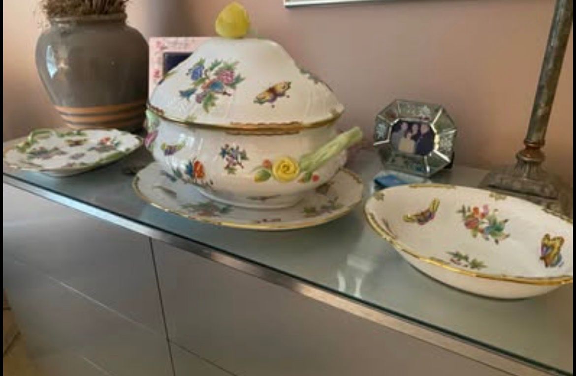 Queen Victoria Herend Collection 
All of the pieces are new and have never been used

Vegetable dish- $300
Chop plate with handles: $500
Large Platter- $700
Soup Tureen- $1,000