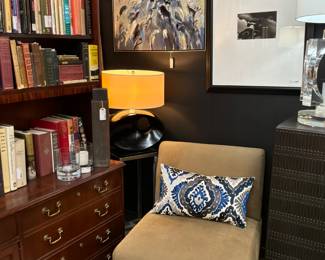 Table Lamp, Side Chair, Throw Pillows,  Contemporary Table Lamp, Books, Vintage Books, Area Rugs,  Framed Art Prints