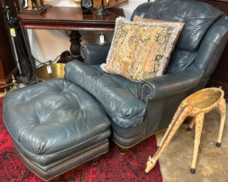 Blue Leather Chair & Ottoman 