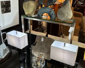 Chrome & Glass Desk, Chrome & Glass Console Table, Vase of Sea Shells, Pair of Small Table/Bedside Lamps- touch activated, Lage Scale Art/Sculpture, Large Faux Stone Fruit, Faux Stone Platter