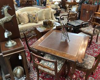 Vintage Game Table, Set of Ladder Back Side Chairs, Wooden Pedestal,  Metal Sculptures/Art, Large Area Rug