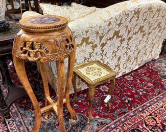 Pedestal Tables, Area Rug, Sofa
