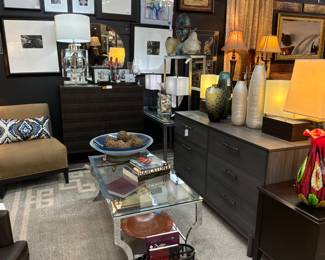 Coffee Table, Side Chair, Dresser, Bar Cabinet, Glass Art Vases