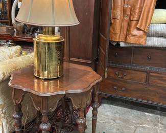 Vintage Leather Coat, Brass Lamp, Side Table 