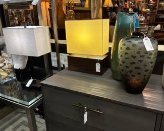 Assortment of Art Glass Vases, Table Lamps, 6-Drawer Dresser