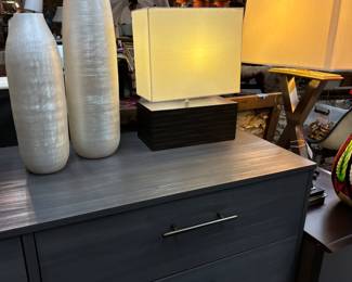 Assortment of Art Glass Vases, Table Lamps, 6-Drawer Dresser