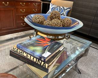 Chrome & Glass Coffee Table, Coffee Table Books, Art Glass Centerpiece 