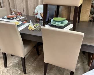 Dining Table w/Chairs, Contemporary Sea Glass China Set, Wine Glasses, Stone Placemats 
