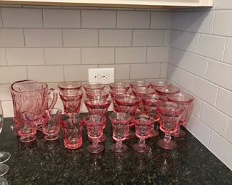 Fostoria Jamestown Pink Swirl Pitcher, Water Goblets, Cream and Sugar