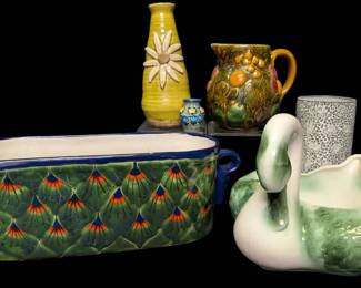 Colorful Pottery Vases, Swan Planter By Coronet And More