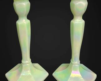 Fenton Green Iridescent Jadeite Candlesticks