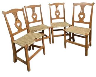Four Wooden Chairs w Wicker Seats Heart Cutout