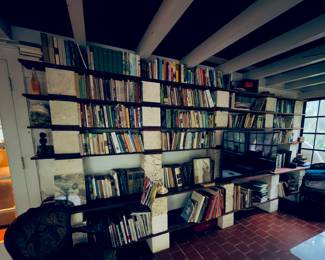 One of a kind modular shelving. Keystone blocks with stained wood. Can be remodeled to suit your home. Can be sold in pieces.